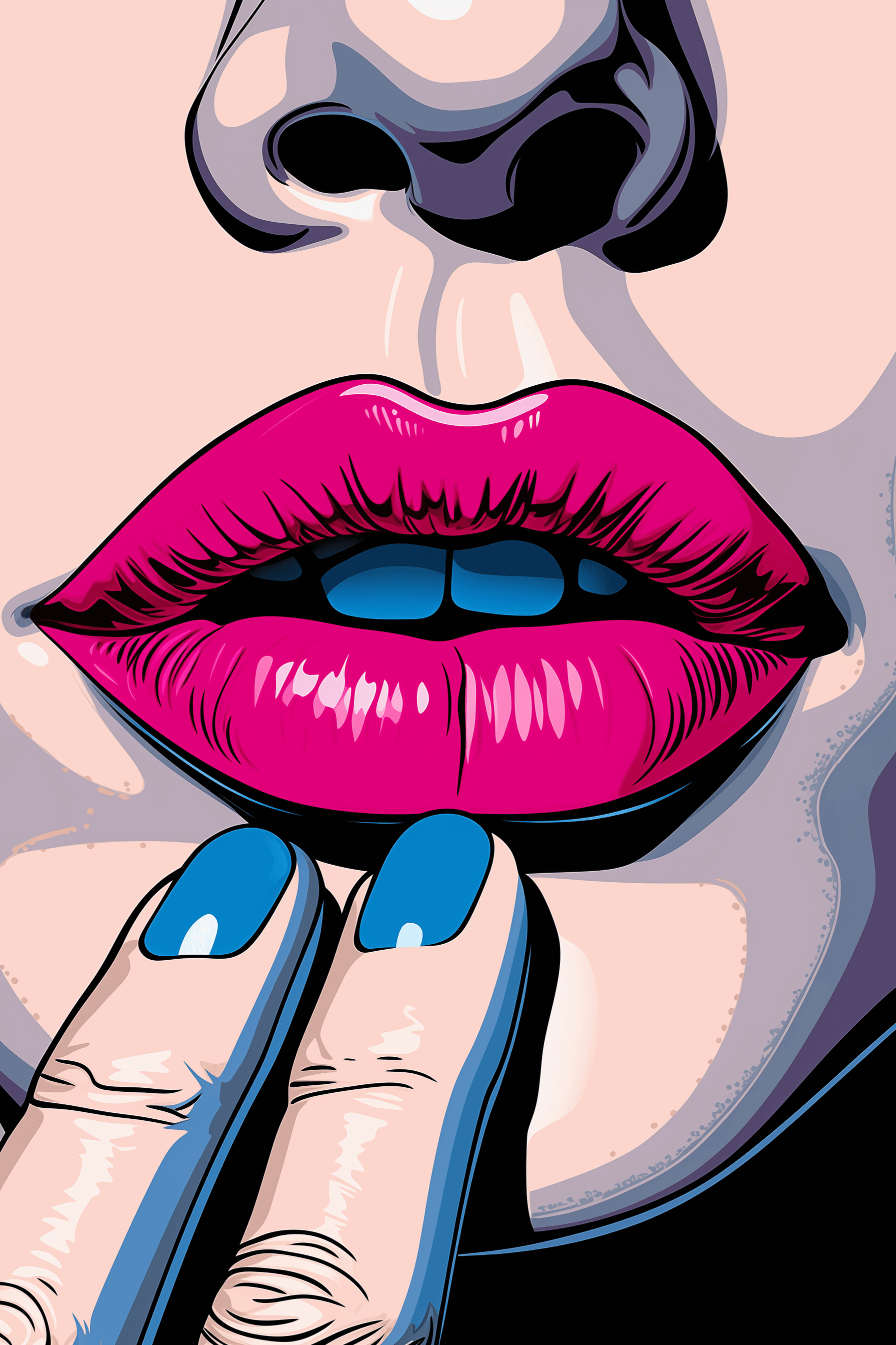 AI generated: Close-up of a woman's hand holding and kissing pink lips, in the style of Moebius, Josan Gonzalez, P...