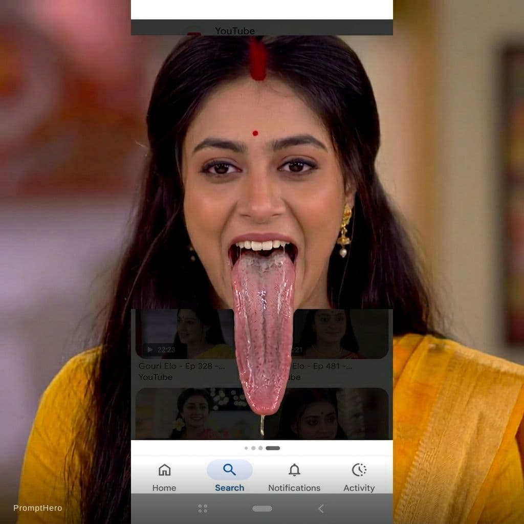 AI generated: Make her long tongue out more long wide realistic with visible teeth and saliva on tongue but mainta...