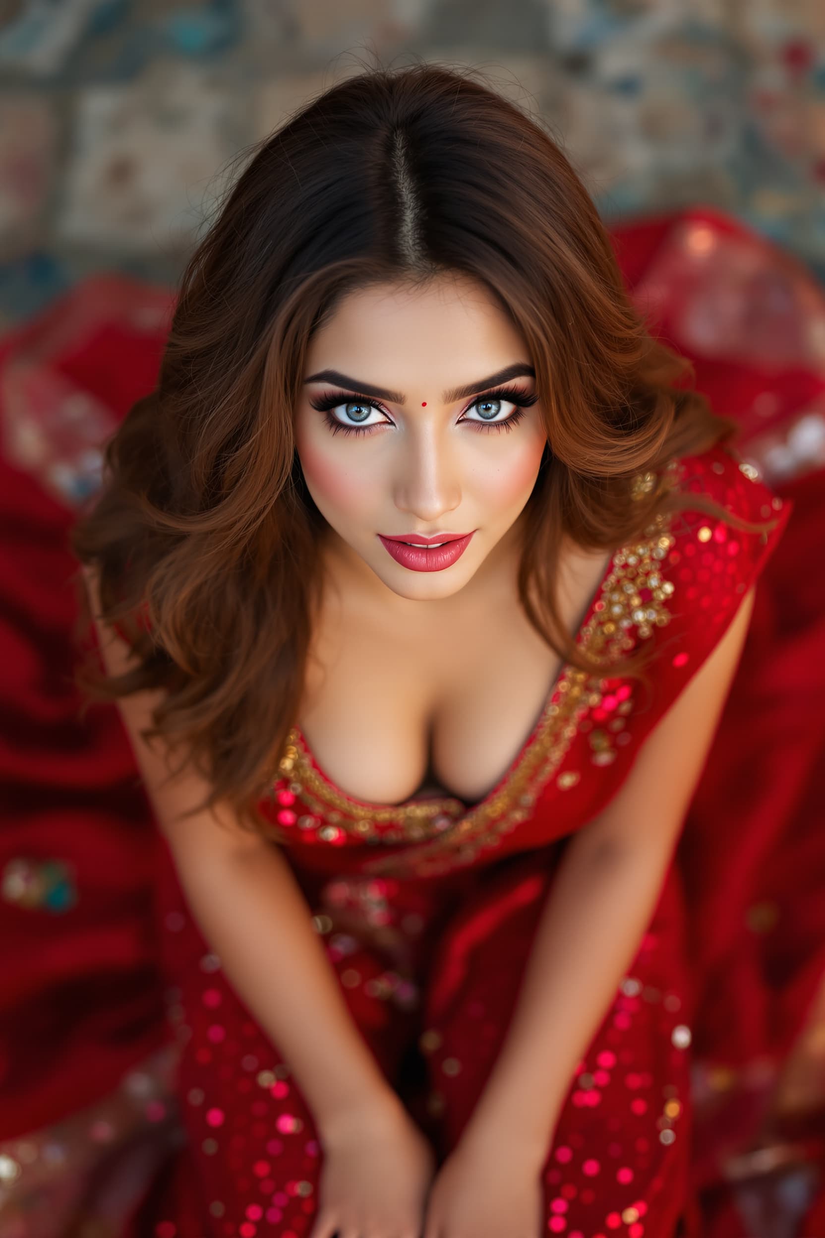 AI generated: Shot from above, 20 years old Indian lady kiara advani, [slim lady, slender lady], with big expressi...