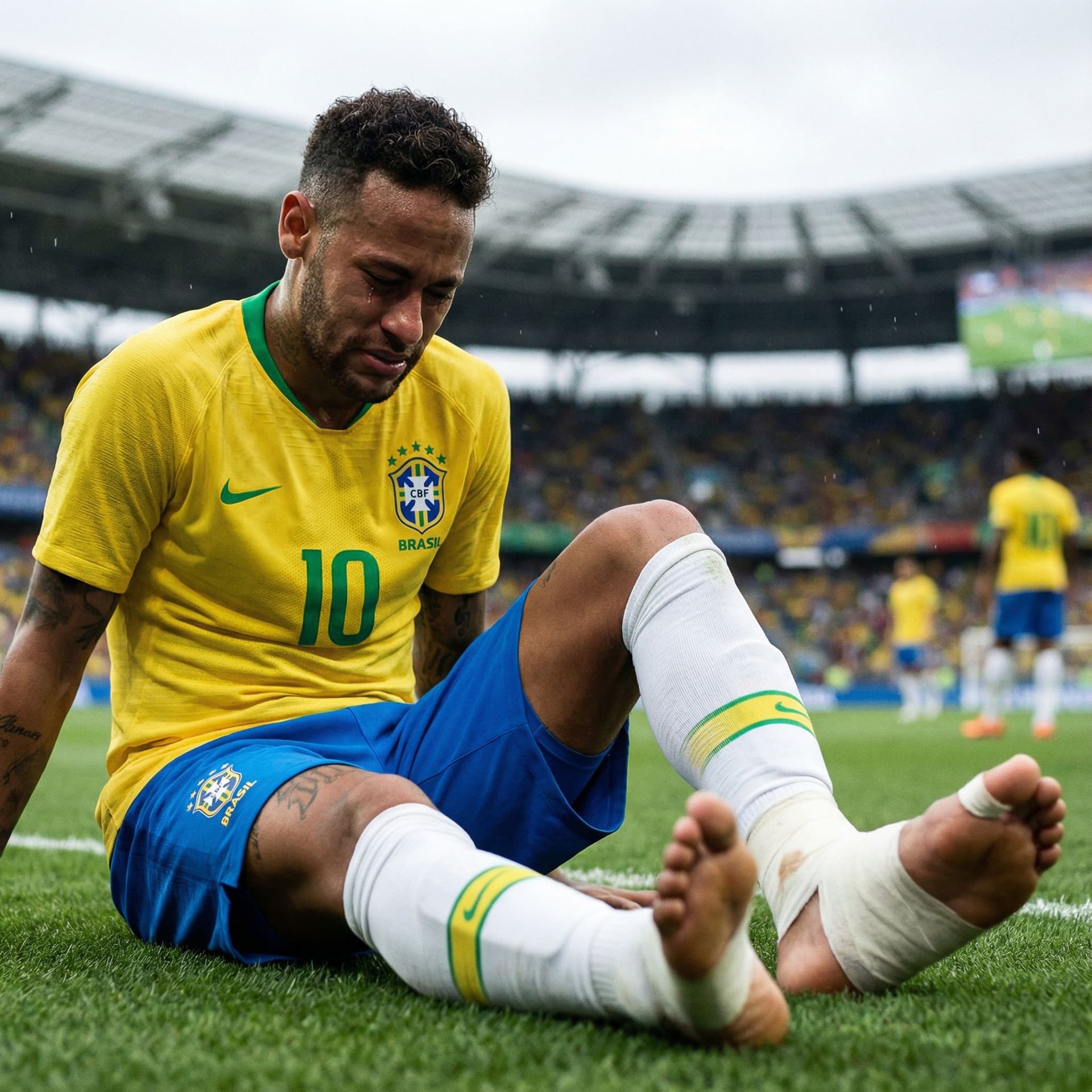 AI generated: Jogador de futebol profissional sentado no gramado de um estádio, usando camisa da Seleção Brasileir...