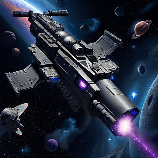 AI generated: a big dark starfligher, in deep space, future, fantasy, high technology, 8k, 2 guns in front,  