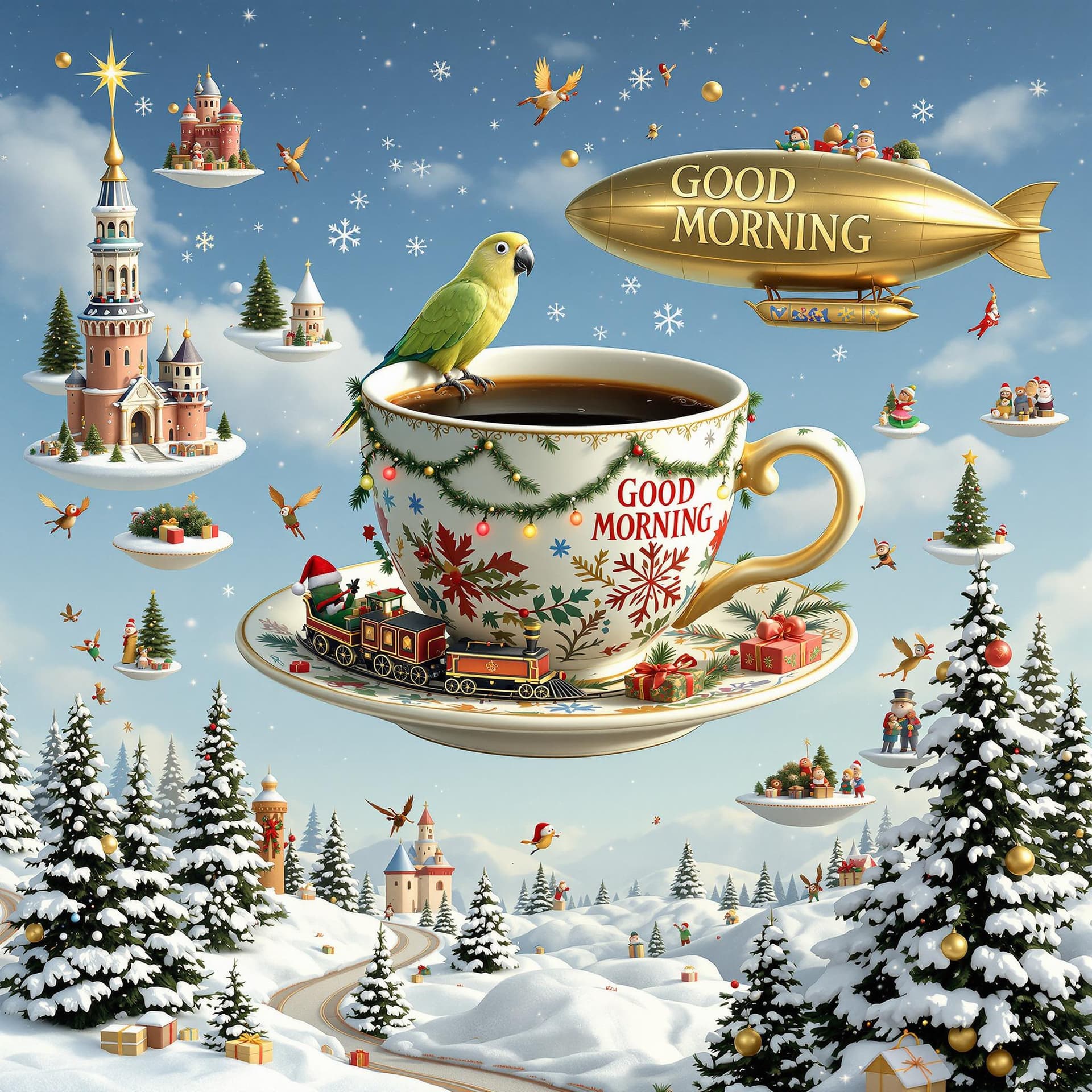 AI generated: Surreal Christmas landscape: in the air, as if in zero gravity, in the center is a giant tea mug wit...