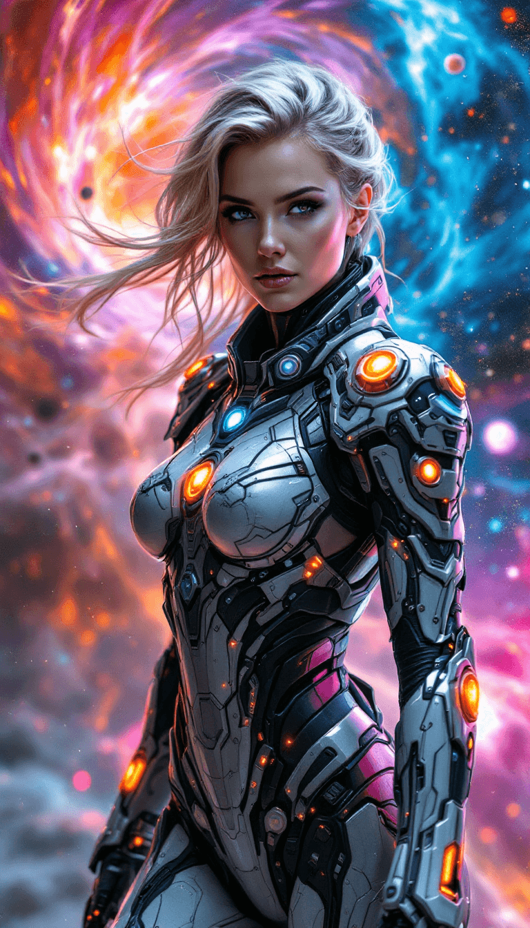 AI generated: "A futuristic sci-fi portrait of a powerful female warrior in a sleek, high-tech armored suit with g...