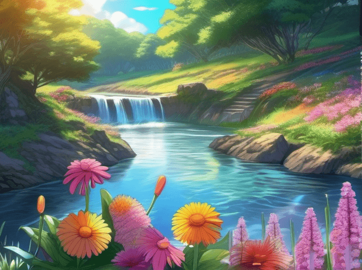 AI generated: anime artwork colorful flowers growing next to a gentle creek, high resolution . anime style, key vi...