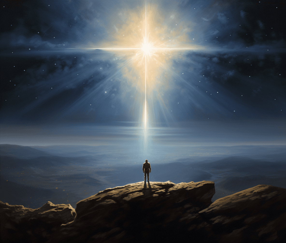 AI generated: 
a man standing on a cliff with a star shining in the sky around him, in the style of futuristic ro...