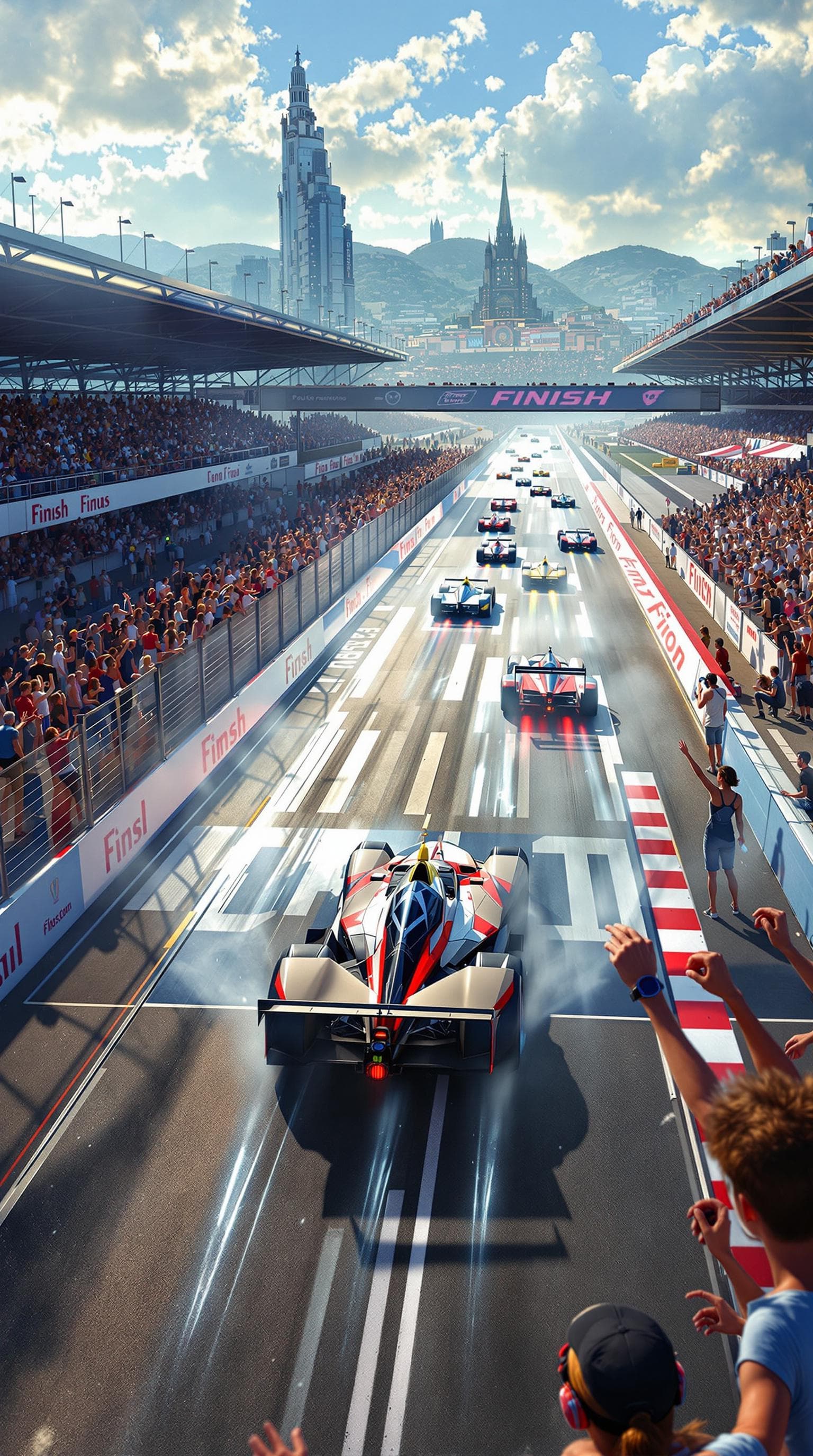 AI generated: Summer.      The tension increases. The leading racing car crosses the finish line.  Several more ca...