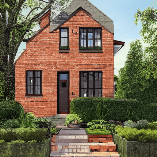 AI generated: hyper realistic eye level exterior photo of a brick house house, daylight, indirect lighting, sidewa...