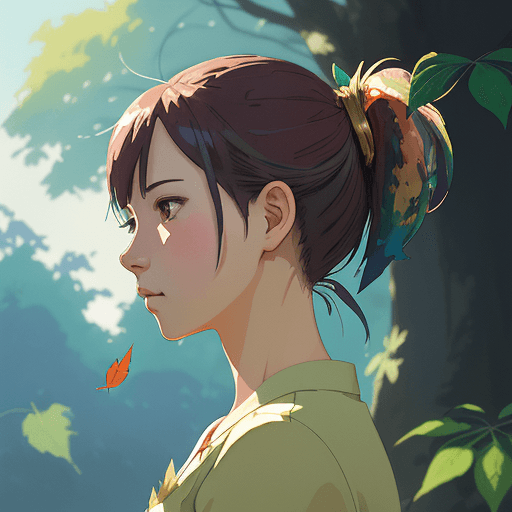AI generated: watercolor image, a women side face view with free with leaf flying in her hair, colorful image, col...