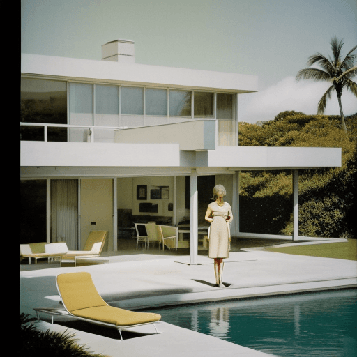 AI generated: Hyper realistic eye level exterior photo of a mid century modern style house overlooking the ocean, ...
