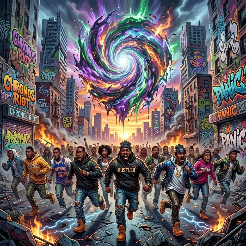 AI generated: A gritty,3d styled illustration of a time portal with a lot of energy erupting around it ripping ope...