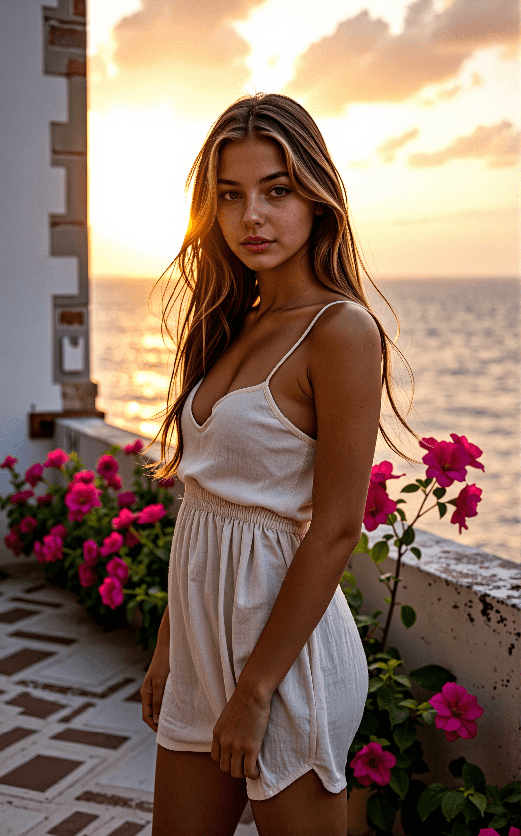 AI generated: A shy young woman stands on a seaside balcony, ocean stretching to the horizon beneath a molten suns...