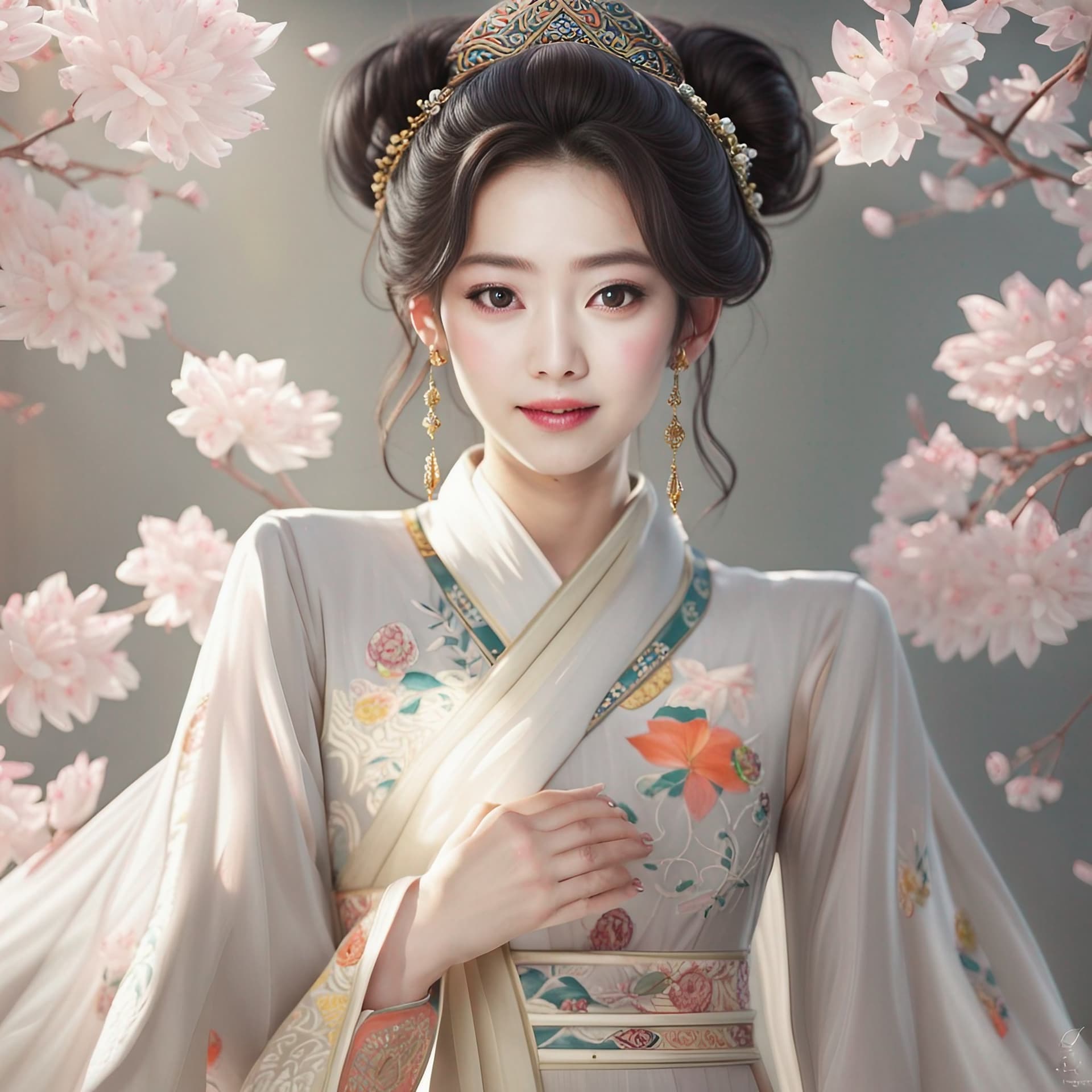 AI generated: exaggeratedly huge eyes,korean idol,highly complex,UHD 64k,korean beauty,korean tradition dress,smil...