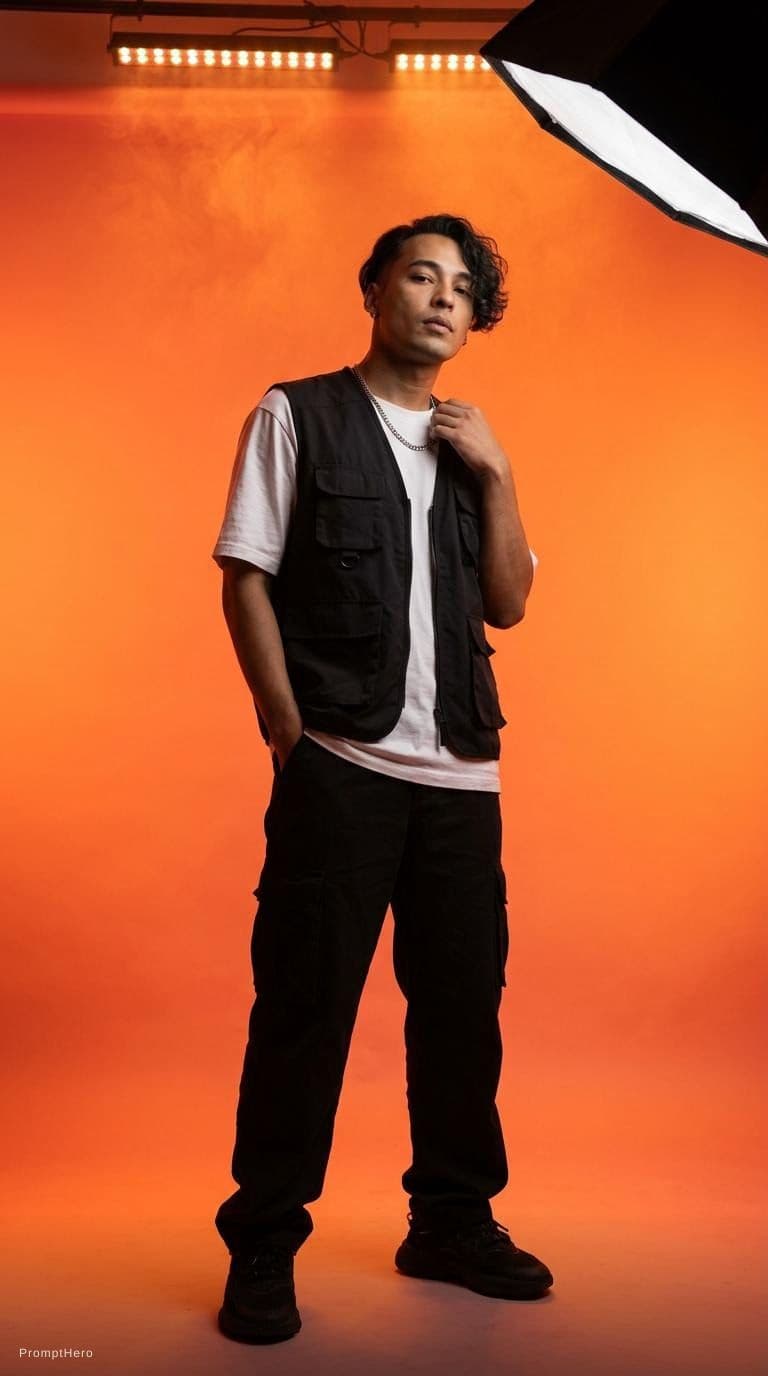 AI generated: editorial photography, male model, 50mm f/1.2 RF lens, f/2.8 set, 1/160s, iso 100, gradient neon ora...