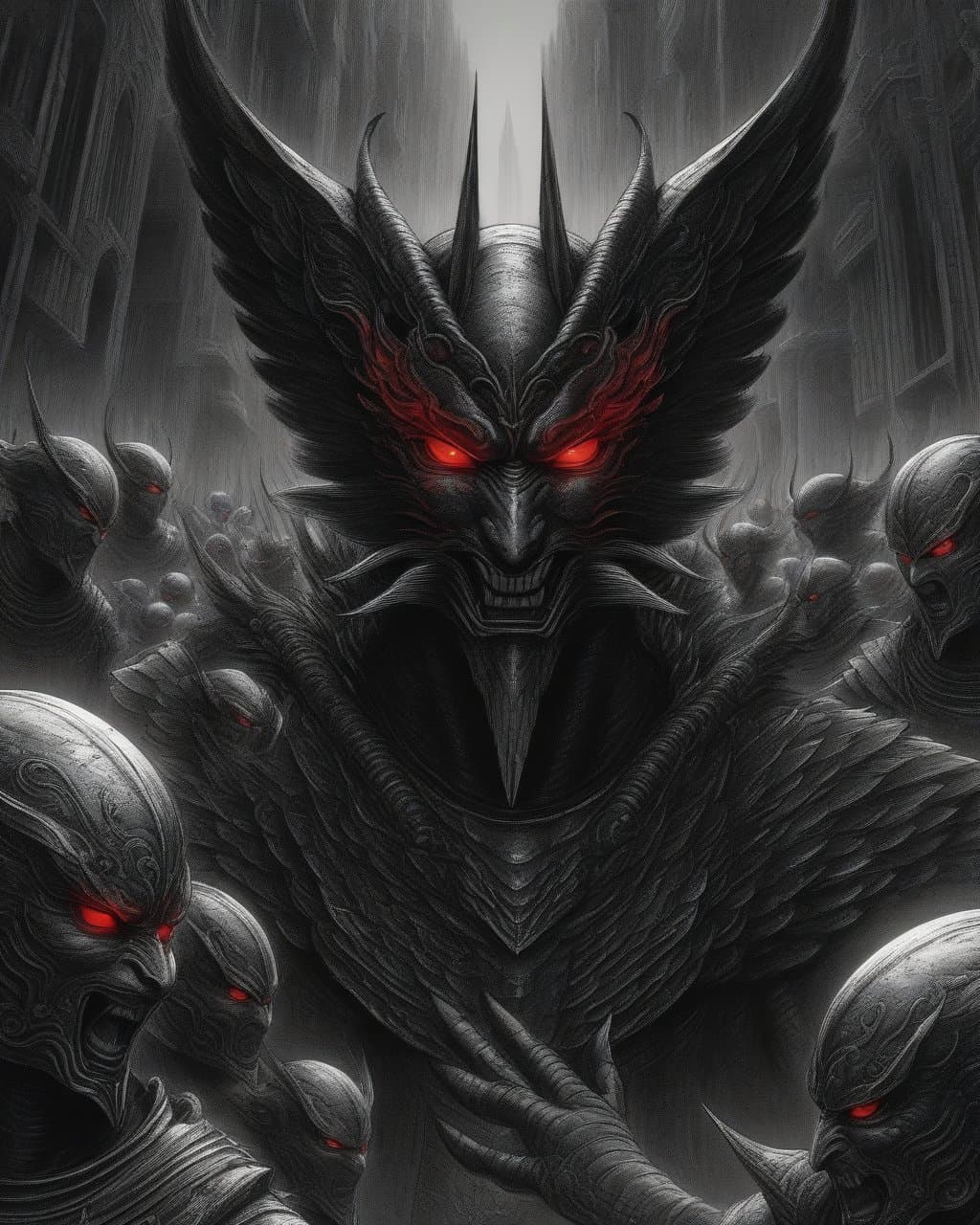 AI generated: (grayscale, woodcut:1.2), (etching:1.1), (engraving:0.2), Angel Lucifer in anger, red eyes, rage, gl...