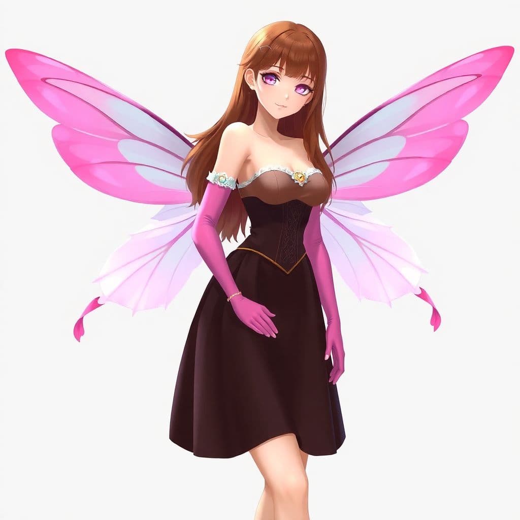 AI generated: meyoco art style Flora, transformation, fairy wings translucent , mini dress with corset straight A-...