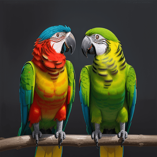 AI generated: a colorful painting of two parrots sitting on a branch, in the style of marcin sobas, 32k uhd, anima...