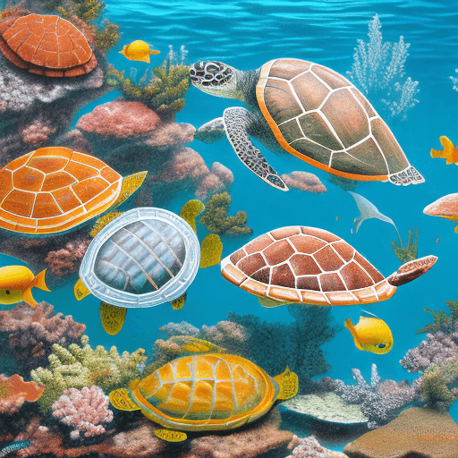 AI generated: Hyper realistic eye level exterior photo of a mid century modern style turtles, fishes and corals in...