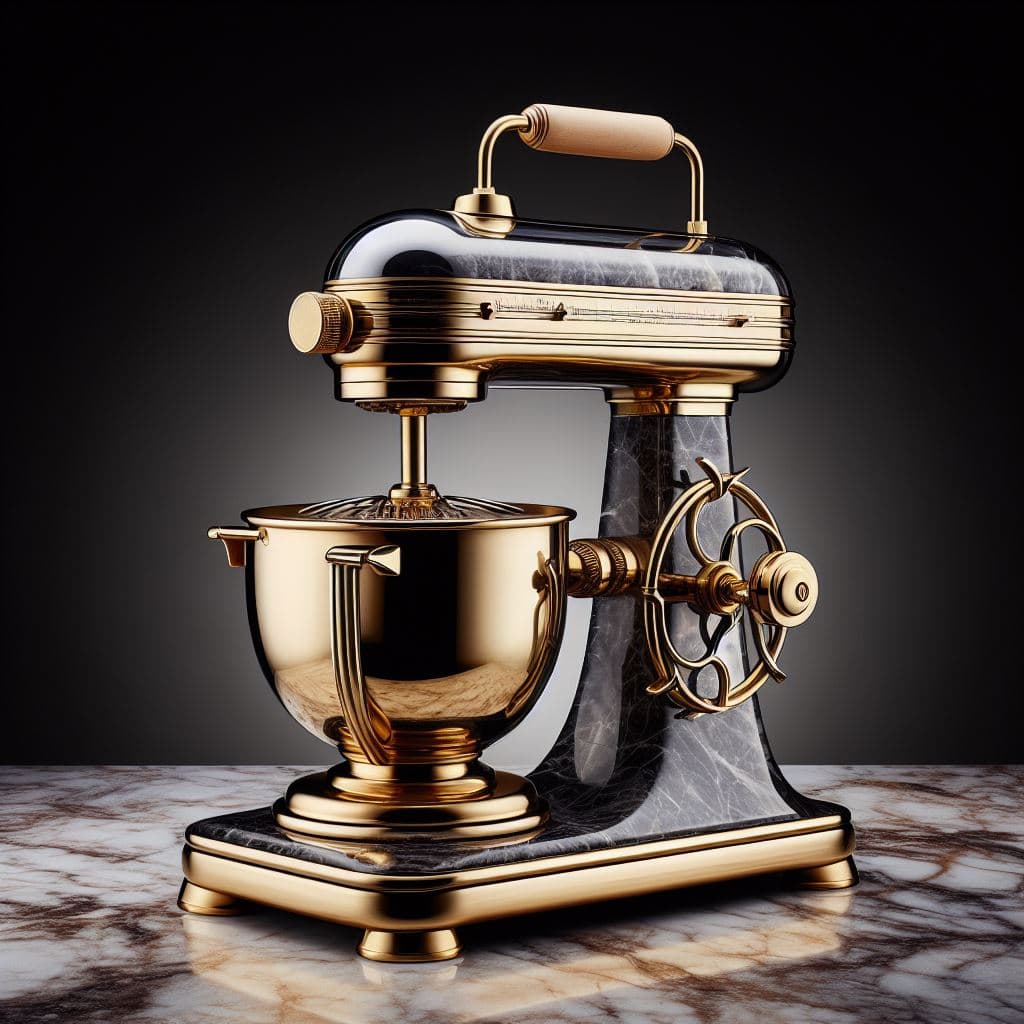 AI generated: 1930s KitchenAid food processor made of brass, OR chrome AND marble OR onyx OR mahogany, style of St...