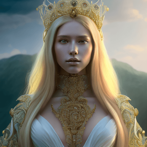 AI generated: portrait of a humanoid princess with long blonde hair, standing next to a beautiful view, ornate whi...