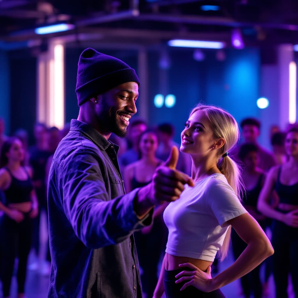 AI generated: A light-skinned Black dance instructor wearing a black beanie and with a warm smile, pointing downwa...