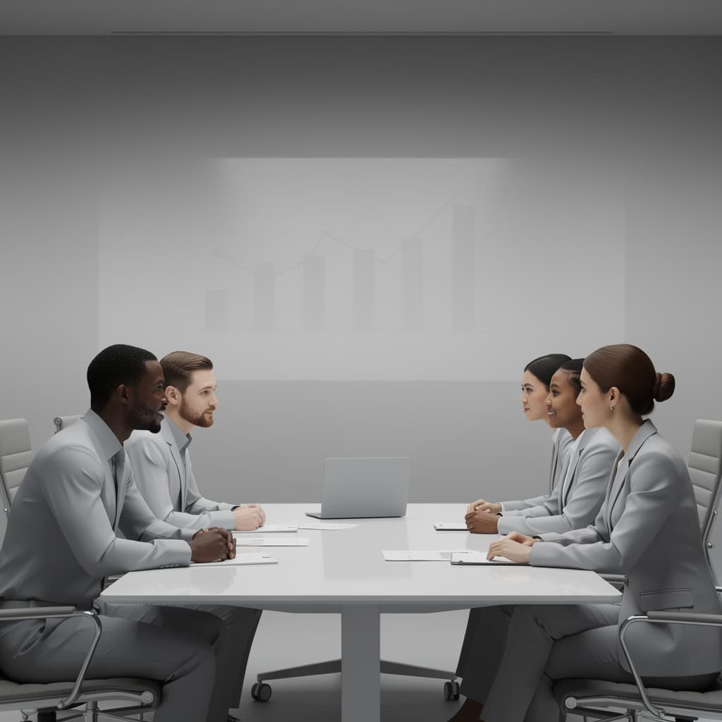 AI generated: In DALL-E, create a monochromatic, photorealistic, 3D image featuring a business meeting of ethnical...
