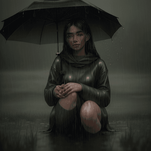 AI generated: a young woman under (rain:1. 5)  on knee in the (wet high grass:1. 5), (wet face:1. 5), rainy drops,...