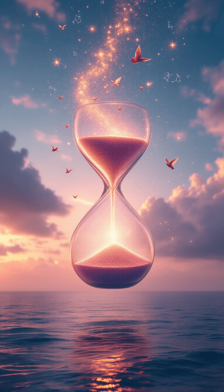 AI generated: [A **surreal, ultra-detailed scene** of a **majestic hourglass suspended in the sky** during **golde...