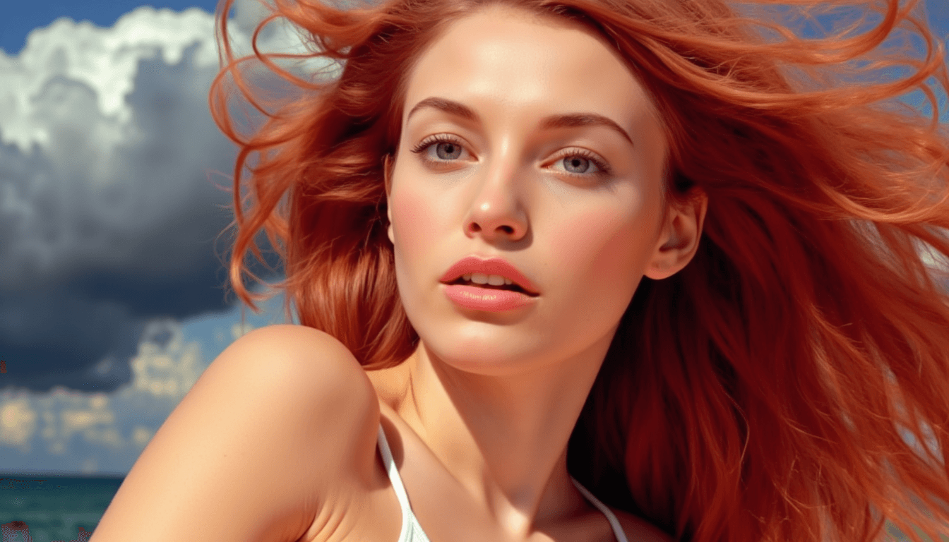 AI generated: A close-up of a woman with auburn hair and light blue eyes, her full lips slightly parted, thin nose...