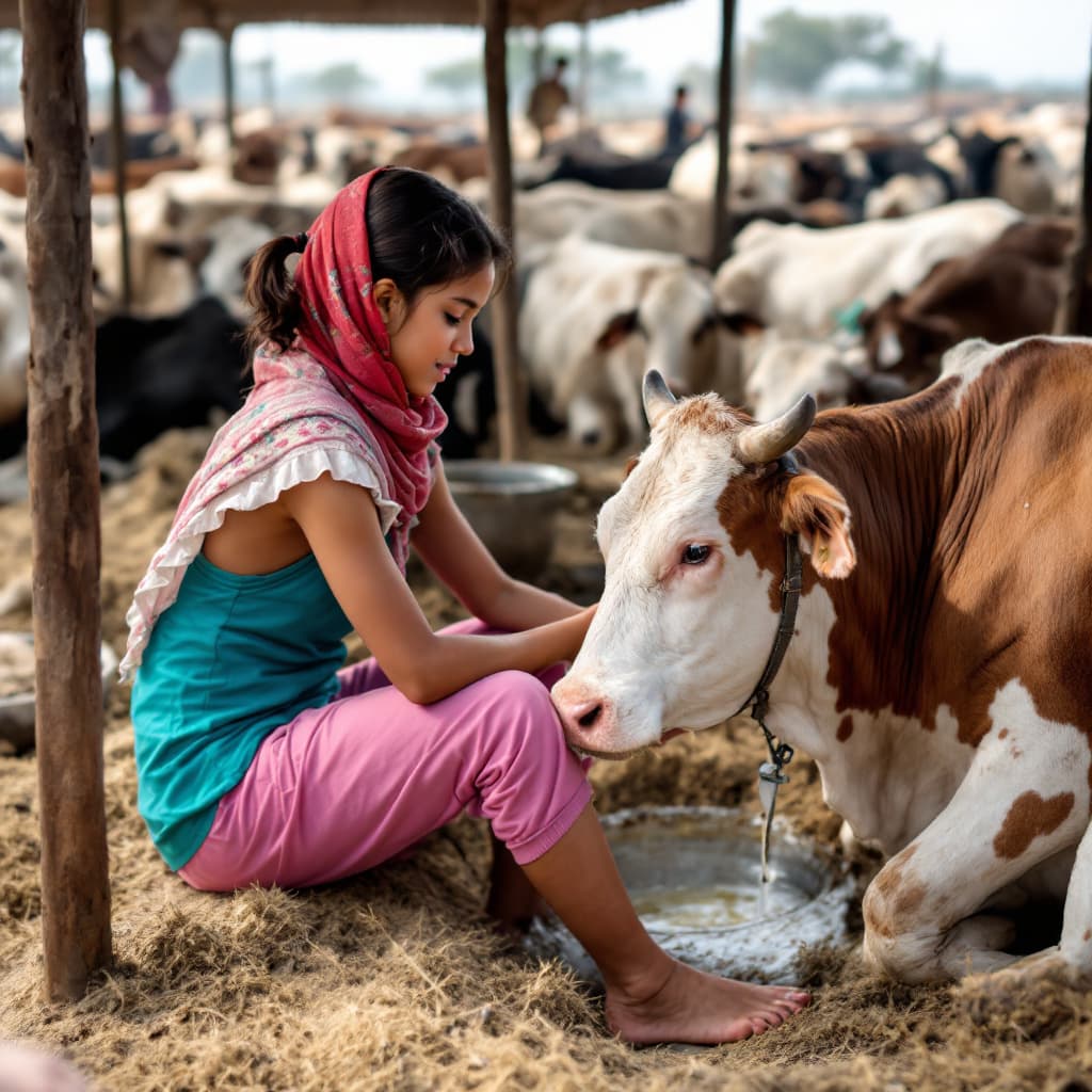AI generated: A clear image of a girl milking a cow in the cattle camp, in an open place showing lots of cows arou...
