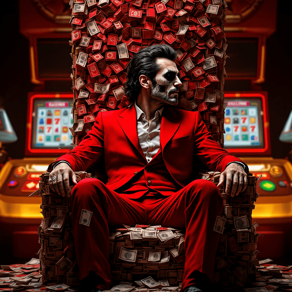 AI generated: make a sergio marquina from the series money heist sit on a throne made of paper money, on the backg...