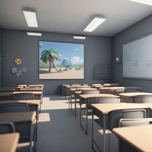AI generated: A Classrooms, at sunny day, 3d art, c4d, octane render, ray tracting, clay material, popmart blind b...