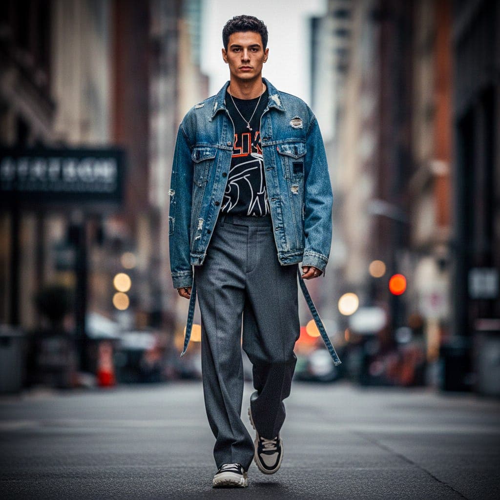 AI generated: Create a fashion image of a male model dressed in layered streetwear, including an oversized jacket,...