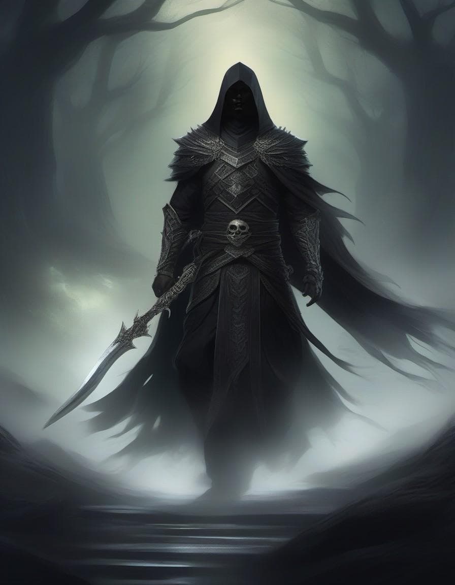 AI generated: Elven necromantic battle-reaper from behind, cape of hundreds hypnotically swirling spectral shadow ...