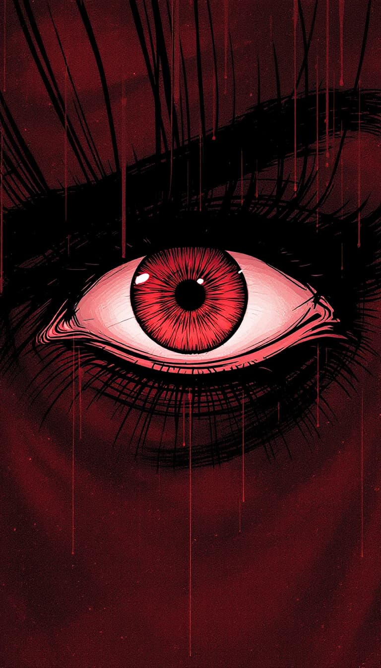 AI generated: manga panel of a close-up eye, intense, against a dark red background, in the style of Kentaro Miura...