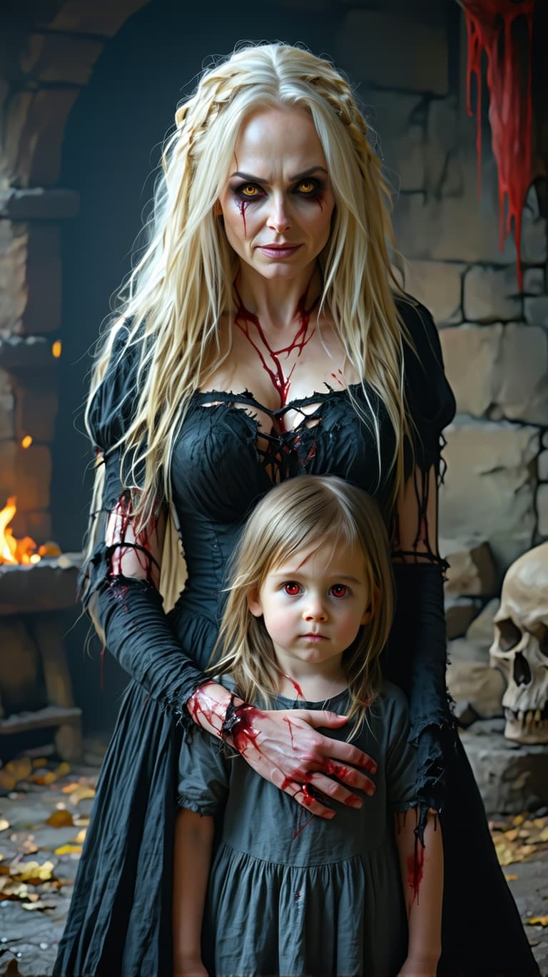AI generated: A tween  female vampire, standing next  beautiful five year old girl, , with bite marks on her neck ...