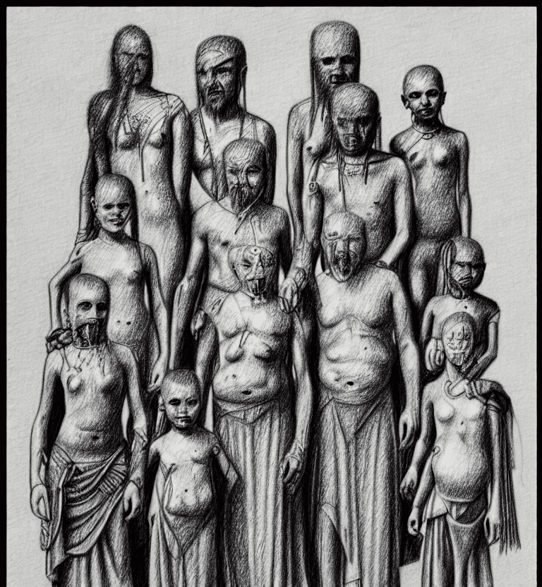 AI generated: Ancient family, pencil drawing, very badly designed, drawing made by a madman, iconcluente design, v...