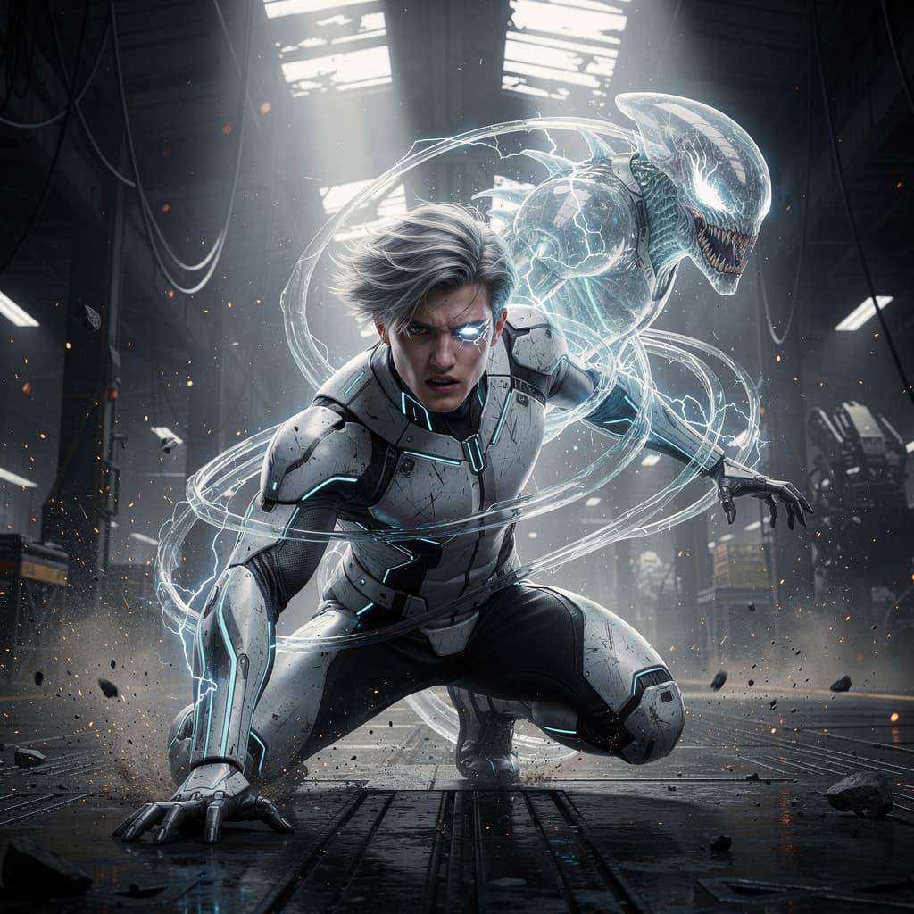 AI generated: ltra-realistic cinematic sci-fi action scene of a young male warrior crouching in a dramatic superhe...