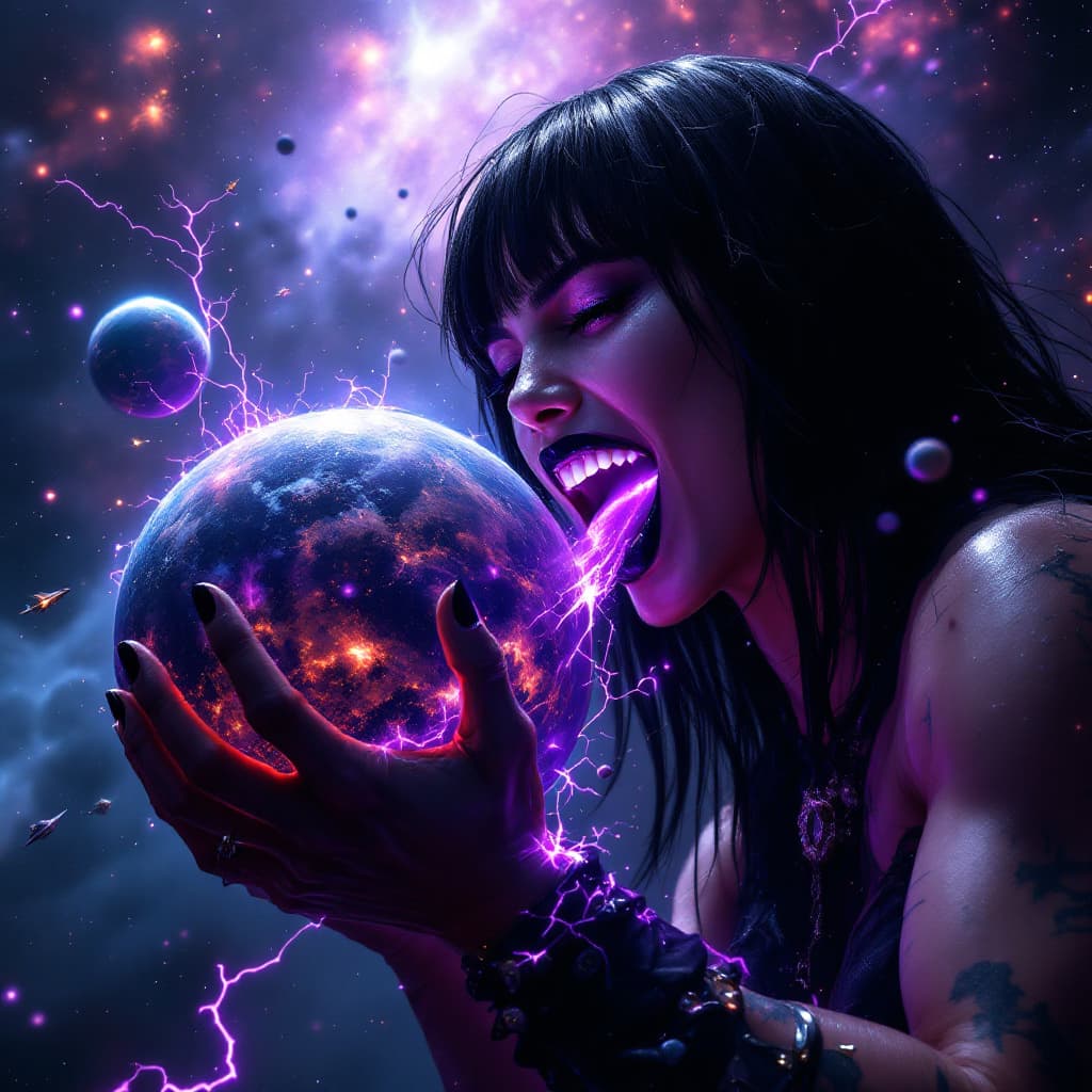 AI generated: enormous giantess female who looks exactly like WWE superstar 
 Rhea Ripley with black medium length...