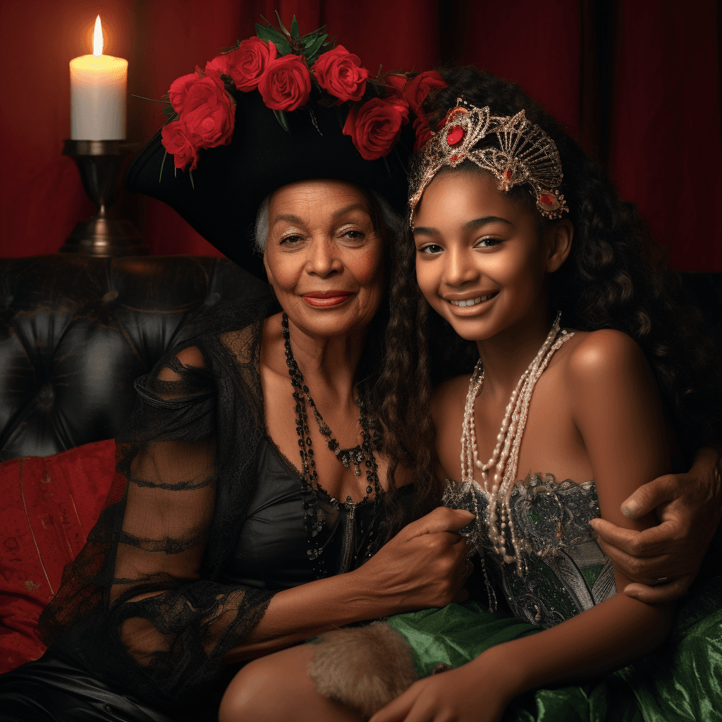 AI generated: a young black beautiful lady with rosy cheeks, Sparkling Eyes, sitted in sofa with her grand mother,...