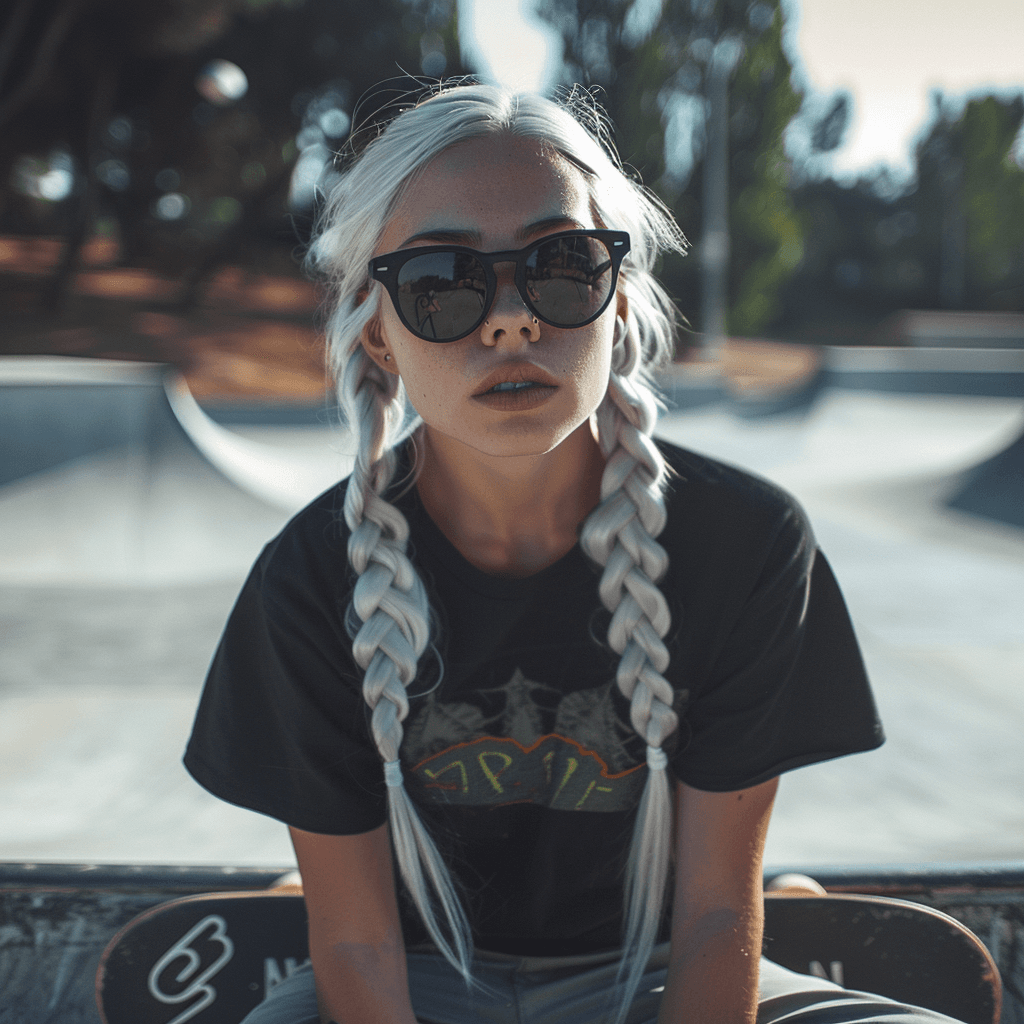 AI generated: girl with white hair, braided, wearing large sunglasses, a large black T-shirt,  skateboarding in th...