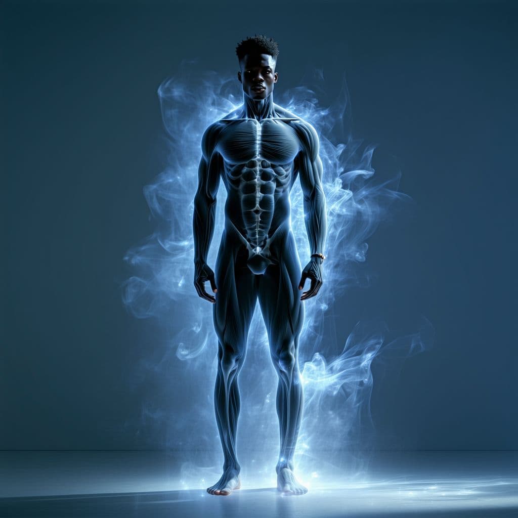 AI generated: A cinematic portrayal of a full male African figure standing in shadow, as if viewed through a next-...