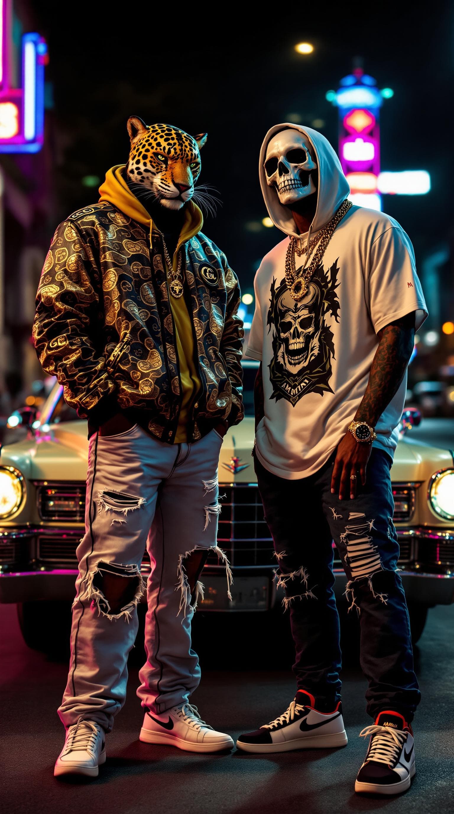 AI generated: Two men with the aura of wealthy cartel leaders, dressed in exclusive streetwear. The jaguar-headed ...