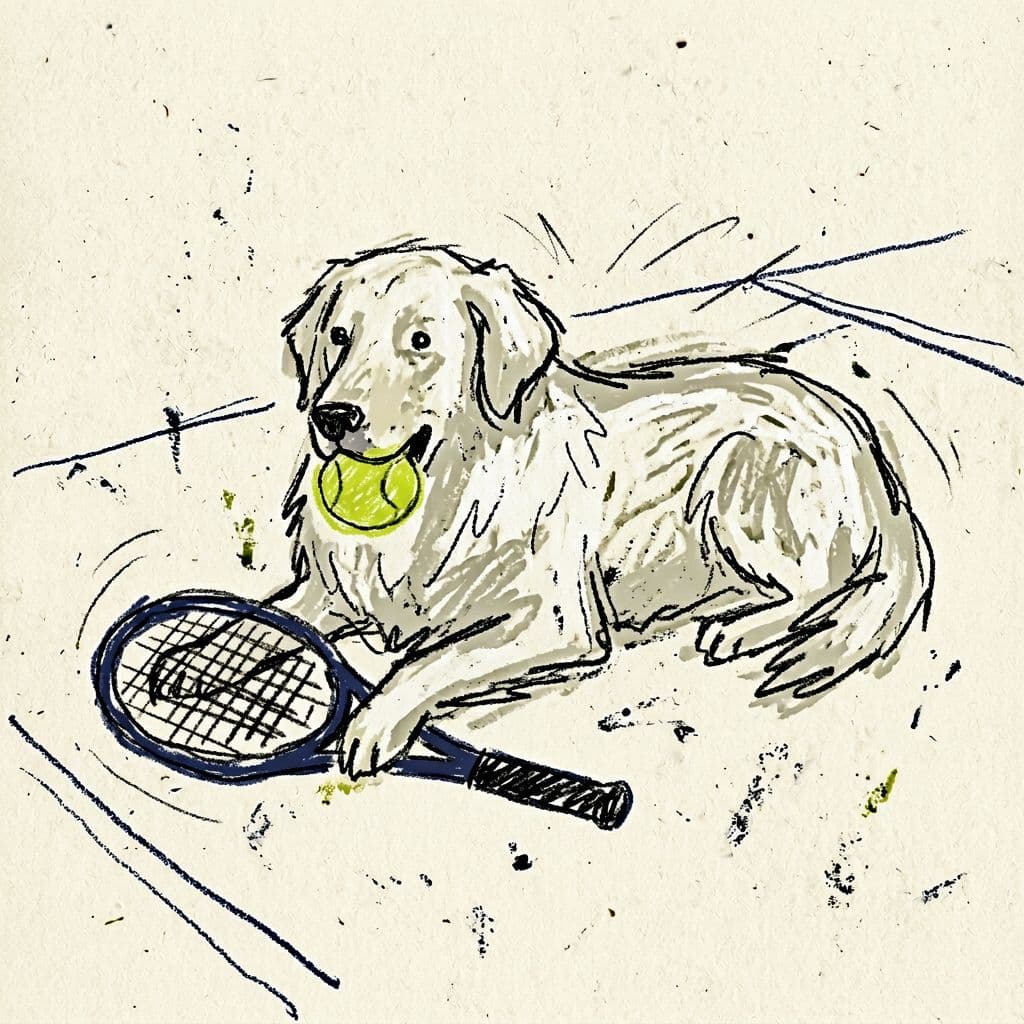 AI generated: white long-haired labrador lying down, holding a tennis ball in its mouth, a tennis racket casually ...