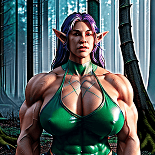 AI generated: ((thick hyper massive  muscular elf-girl bodybuilder in Night magical fantasy forest. Forest landsca...