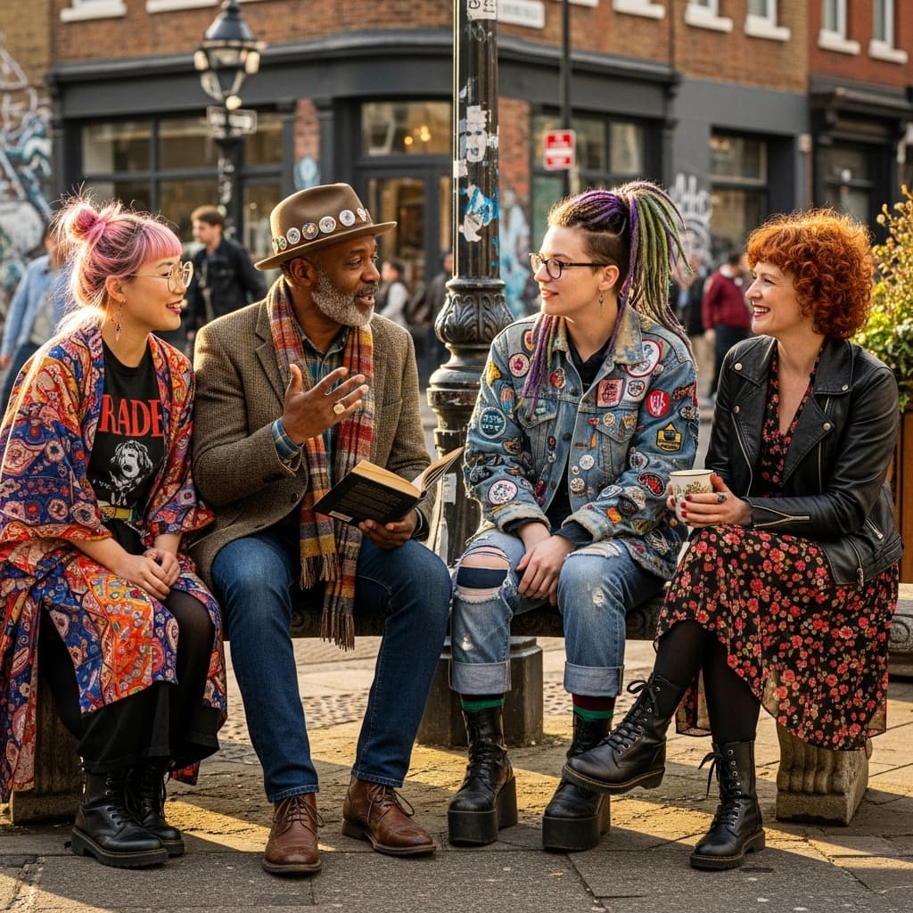AI generated: four quirky friends sit on an urban street corner enjoying each other's company. Each person is quir...