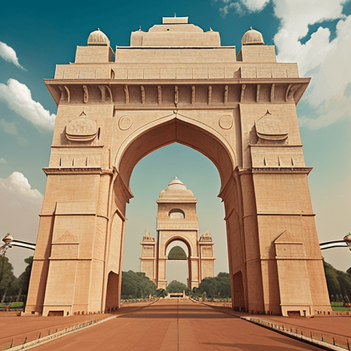 AI generated: saffron, white and green clouds, above The India Gate , daylight, indirect lighting, AD magazine