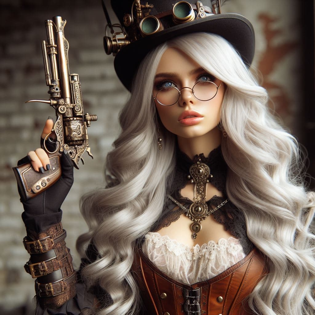 AI generated: Very beautiful Steampunk lady, long silver hair, steampunk outfit and weapon, hyperrealism, photorea...