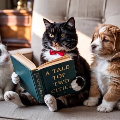 AI generated video: a cat reading book and bunny and puppy sitting and lisening the cat book reading