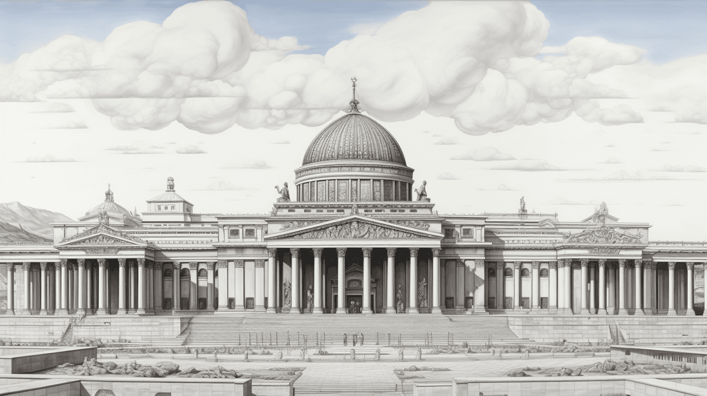 AI generated: an old drawing showing a large building around the corner, in the style of classical antiquity, 32k ...