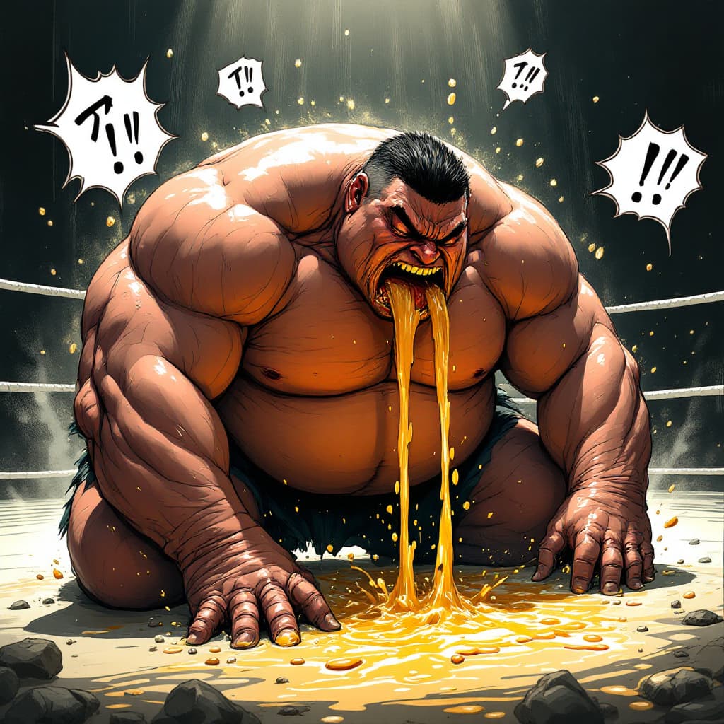 AI generated: A massive sumo wrestler with a face like Kenshiro, extremely muscular, bloated translucent stomach, ...